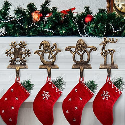 Retro Christmas Stocking Holders for Mantel - Set of 4 Vintage Heavy Hangers for Fireplace Decorations - Reindeer, Snowflake, Santa, Snowman Hooks by JDYFQIAN