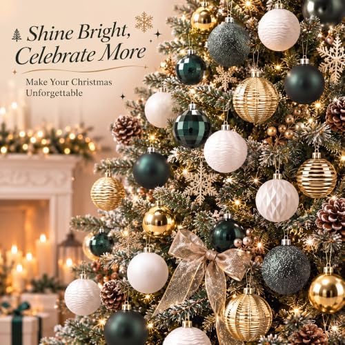 Lunmon 64 Pcs Christmas Ball Ornaments Emerald Green Champagne Gold White - Image 2