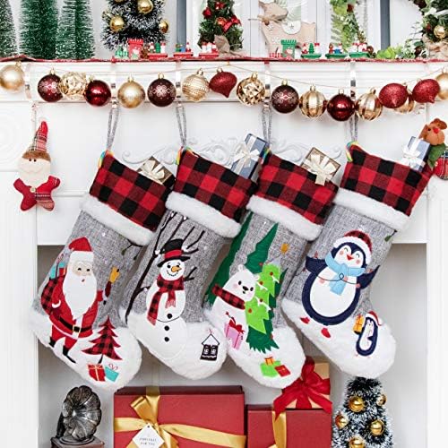 Set of 4 Christmas Stockings Gray Burlap Buffalo Red Plaid Soft Faux Fur 20 Inches Lovely Embroidery Pattern for Family Decorations Hanging Ornament for Xmas Holiday Party by bhdbeauty