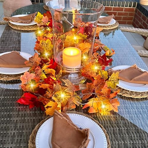 CQURE 6 Pack Fall Leaf Garland with Lights,Fall Decor Halloween Lights Artificial Maple Leaves Autumn Garland Hanging Vines Thanksgiving Decor for Home Christmas Autumn - Image 5