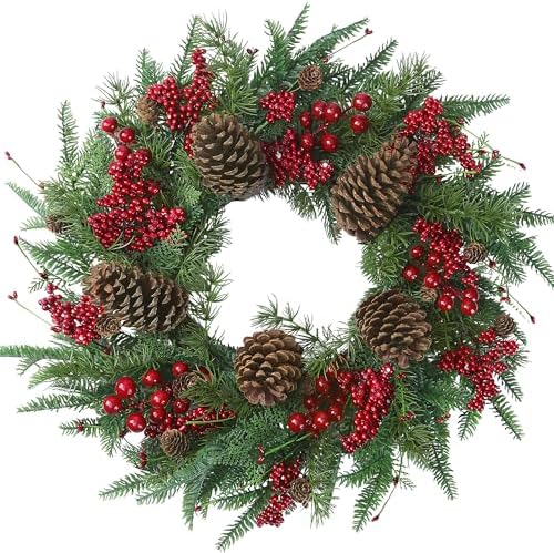 22’’ Artificial Christmas Wreath Norfolk Pine Wreath for Front Door with Pine Needles Red Berries Big Pinecones Christmas Decorations for Winter Farmhouse Wall Indoor Outdoor Home Holiday Xmas Decor by Sggvecsy