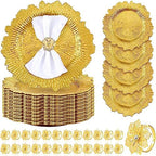Dandat 48 Pcs Charger Plate Bulk 13'' Floral Reef Plates with Napkin Ring Plastic Dinner Charger Hollow Out Flower Napkin Holder Plastic Plate for Table Setting Wedding Party (Gold) by Dandat