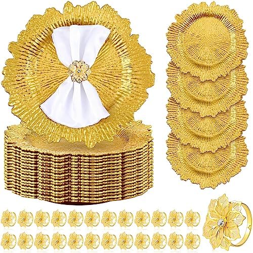Dandat 48 Pcs Charger Plate Bulk 13'' Floral Reef Plates with Napkin Ring Plastic Dinner Charger Hollow Out Flower Napkin Holder Plastic Plate for Table Setting Wedding Party (Gold) by Dandat