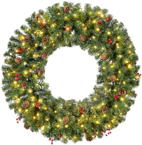 Best Choice Products 30in Pre-Lit Christmas Wreath w/Berries & Pinecones, Large Artificial Indoor/Outdoor Decor for Door, Mantel, Plug-in by BestChoiceProducts