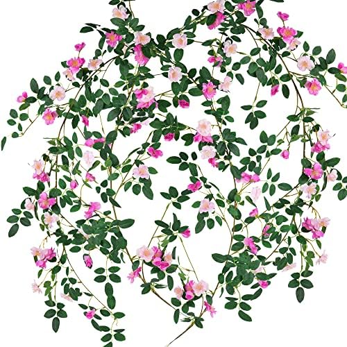 FiveSeasonStuff Fuchsia Pink Wild Rose Vine Garland, Two Faux Silk Floral Garlands with Greenery, Bendable Decorative Vines 12 ft Total by FiveSeasonStuff