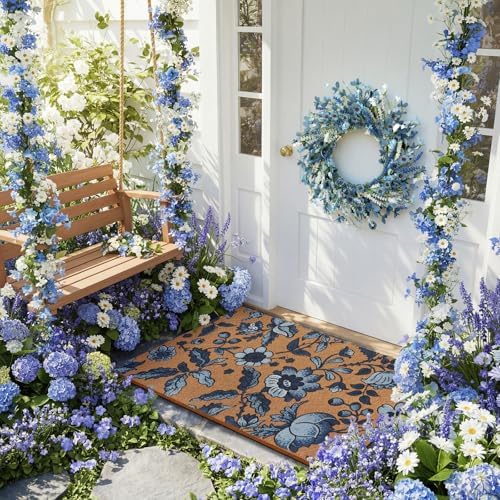 Tingjoo 2 Pcs Blue Floral Welcome Door Mat and Wreaths for Front Door - Image 4