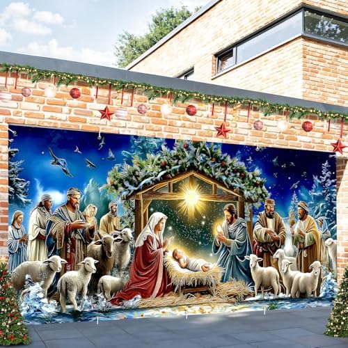 13x6Ft Religious Garage Door Banner - Nativity Scene with Holy Family, Shepherds and Animals in Stable Large Hanging Covers, Outdoor Inspirational Holiday Decor - Image 6
