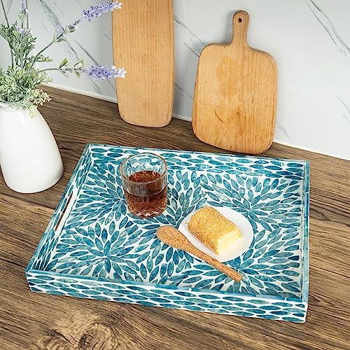 Serving Tray 15.7" X11.8", Lacquer Mother of Pearl Inlay Mosaic Tray, Rectangle Wooden Marble Tray with Handles Trays for Tea, Breakfast in Bed, Table (Flower Style) - Image 5