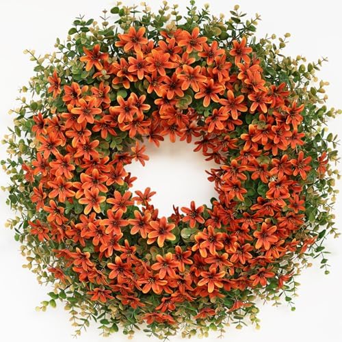 26" Large Artificial Eucalyptus Silk Flower Wreath for Outdoor(Fall Orange) by GLIDLION