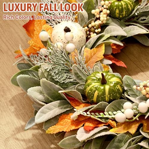 Yastouay 22" Fall Wreaths for Front Door, Fall Door Wreath with Lamb Ears Leaves Pumpkins Berries & Ferns Autumn Wreath for Home Porch Wall Outside Thanksgiving Decor - Image 4