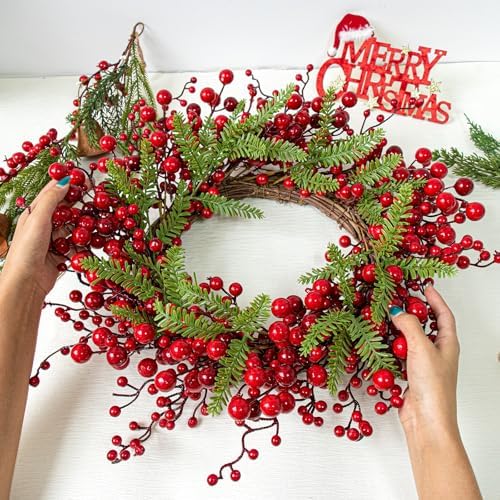 J'FLORU Artificial Christmas Wreath 20 Inch Chirstmas Wreaths for Front Door Red Berry Wreath with Pine Needles for Porch Fireplace Xmas Winter Holidays - Image 4