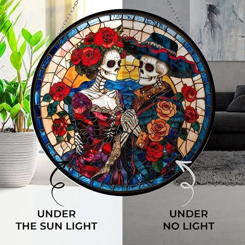 Day of The Dead Couple Stained Glass Suncatcher Window Hangings, Mexican Skull Decor, Sugar Skull Gifts for Women 9.8" - Image 4