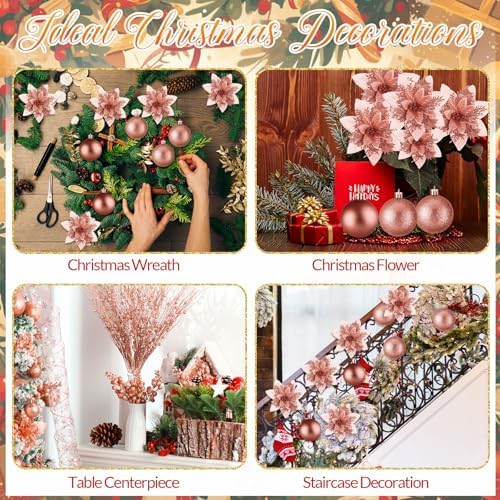 Realspring 72 Pieces Christmas Tree Ornament Set Xmas Assorted Decorations Bulk Glitter Poinsettia Berry Picks Topper Star Sequin Tree Skirts for Home Wreaths Holiday Party Favors (Rose Gold) - Image 3