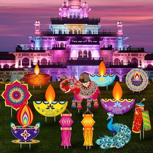 Amyhill 12 Pcs Diwali Yard Signs with Stakes, Indian Lights Festival Lawn by Amyhill