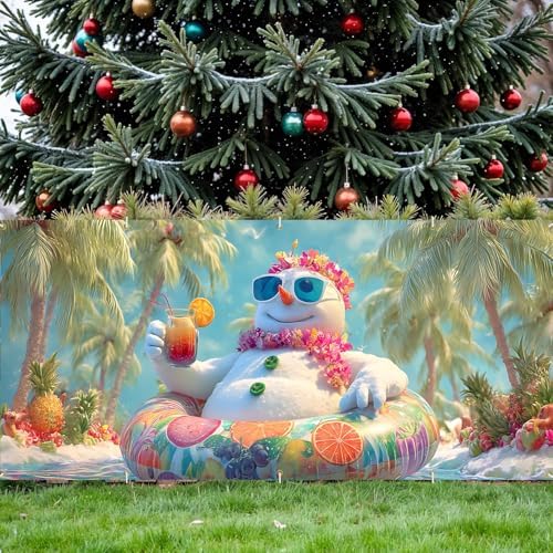 16x7Ft Tropical Snowman Garage Door Banner - Beach Scene with Swimsuit Snowman Holding Drink, Funny Summer Winter Mix Decor for Outdoor Holiday - Image 5