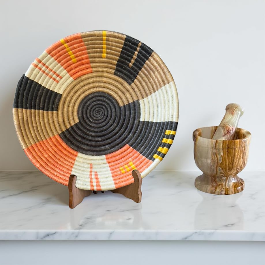 Handwoven African Basket Bowl for Fruits Home Decor (deep salmon black, 8in diameter) - Image 5