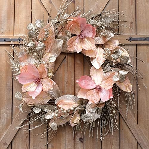 Idyllic 18 Inch Winter and Christmas Magnolia Flowers Gold Glitter Wreath for Home and Front Door Decor, Pink and Gold Magnolia Flower Wreath for Outside All Seasons Spring Indoor Outdoor Decor - Image 2