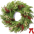 26" Norfolk Pine Wreath, Large Greenery Wreath for Front Door, Green Year Round Real Touch Artificial Greenery Wreath for Wall Porch Rustic Farmhouse Home Decor, with Lights, Red Bow, FF10 by AmoriseArtificialFLowers