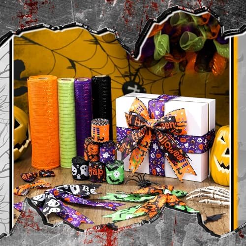 Yuefunny 10 Pcs Halloween Ribbon 4 Mesh Ribbons 6 Burlap Wired Edge Ribbons - Image 3