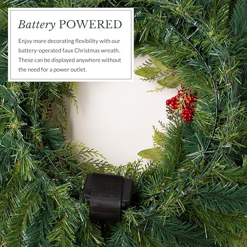Balsam Hill Winter Meadow Christmas Wreath - 28" Bounty of Winter Greenery Front Door Wreath with Hand-Gathered Foliage & Battery-Operated LED Clear Lights - Image 5