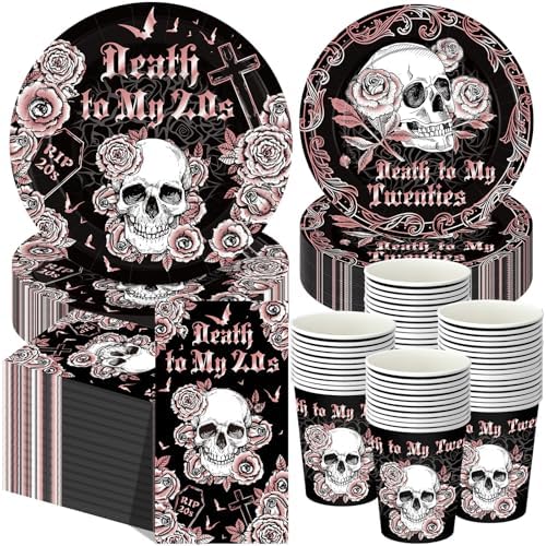 Pickmesh 250 Pcs Death to My 20s Party Decoration 30th Birthday Paper Plates Cups and Napkins Rip to My Twenties Birthday Party Tableware Set for Women Funeral Youth, 50 Guests by Pickmesh