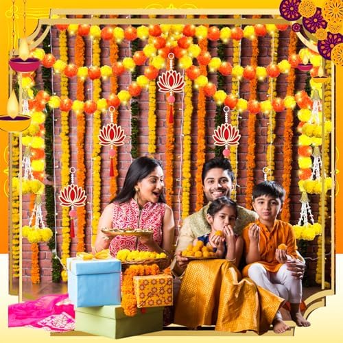 11 Pcs Diwali Decoration 5 Pcs 4.92 ft Marigold Garland Decoration with String Light 6 Lotus Hanging Ornament Indian Decor for Pooja Artificial Marigold Garlands for Wedding Home Temple Party Decor - Image 7