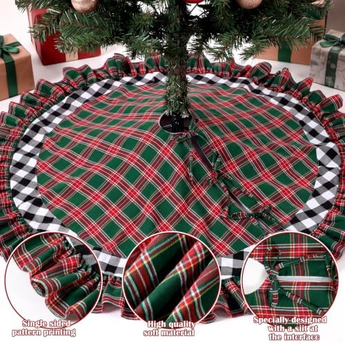 Blueweenly Christmas Tree Skirt, 48 Inch, Red Plaid with Ruffle Edge - Image 4