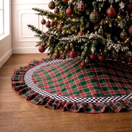 Blueweenly Christmas Tree Skirt, 48 Inch, Red Plaid with Ruffle Edge by Blueweenly