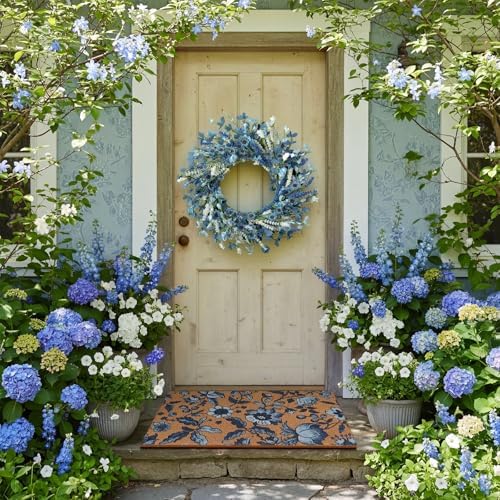 Tingjoo 2 Pcs Blue Floral Welcome Door Mat and Wreaths for Front Door - Image 6
