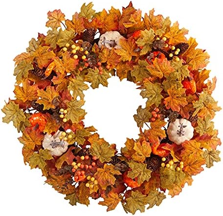 Nearly Natural 30 in Artificial Autumn Pumpkin Maple Leaf Wreath Wall Decor by NearlyNatural