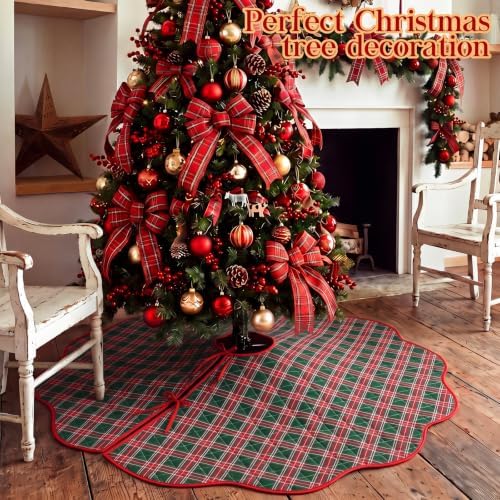 Junkin Green Red Plaid Quilted 60in Christmas Tree Skirt Tartan Tree Decor - Image 5
