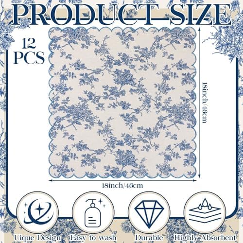 Christmas Cloth Napkins, 12 Pcs, Blue Floral with Light Blue - Image 2