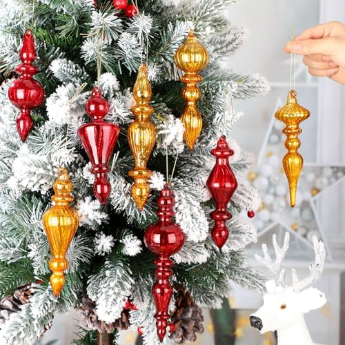 Mifoci 8 Pcs 6 Inch Mercury Glass Finial Christmas Ornaments,Red, Gold - Image 5