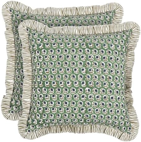 Ridhi Basil Green Floral Block Print Throw Pillow Covers 18x18 Inch by Ridhi