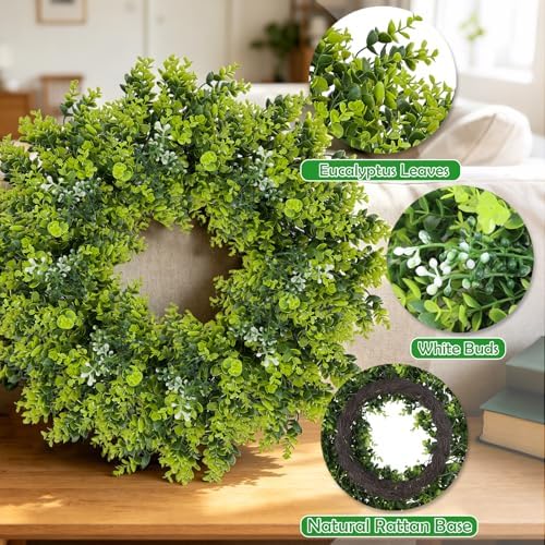 Large Boxwood Wreath for Front Door, 28" Artificial Spring and Summer Greenery Wreathwith White Flower Buds, All-Season Home Decor for Walls, Windows, Parties, Weddings, Indoor Outdoor - Image 3
