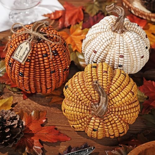 Briful 3PCS Fall Decorative Corn Pumpkin Set – Resin Harvest Pumpkins Fake Corn Pumpkins for Thanksgiving Table Centerpiece Autumn Tiered Tray Indoor Outdoor Fall Decoration - Image 5