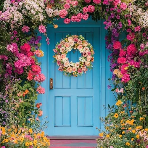 22 Inch Spring Summer Wreaths for Front Door, Vintage Pink Rose Floral Wreath with Pomegranate, Berries and Hydrangea, Lush Artificial Flowers Wreath for Home Decor, Easter - Image 4