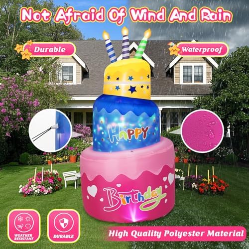 B&D 6FT Happy Birthday Inflatable Cake with Candles, Lighted Blow Up Birthday Decorations with Colorful Rotating LED Lights Inflatable Decor for Outdoor Indoor Party Home Celebration Yard Garden Lawn - Image 5