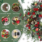 Christmas Wreath for Front Door, Artificial Door Wreaths with LED Lights Bells Berries & Pinecones Christmas Decorations, Xmas Wreaths for Wall Window Fireplace Holiday Home Decor - Image 3