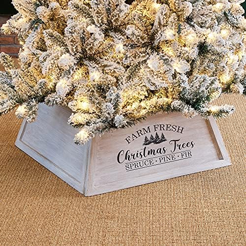 Glitzhome 26" L Washed White Wooden Tree Collar, Rustic Trapezoid Tree Stand Cover Farm Fresh Christmas Tree Skirt Box by Glitzhome