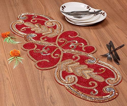 Lightnpro Christmas Beaded Table Runner 13x36 Inch - Maroon Gold Fancy Scrolled Design - Rustic Farmhouse Handmade Needle Work Holiday Table Centerpiece for Thanksgiving, Dining Room & Every Décor - Image 4