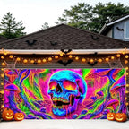 7x16FT Halloween Neon Skull Garage Door Banner UV Reactive Fluorescent Skeleton Garage Door Cover Decoration for Hallowen Decoration - Image 7