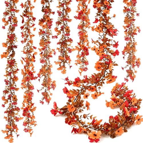 6 Pack Artificial Fall Garland for Mantle, 6.2 Long Fall Mums Flowers Garland with Orange Leaves for Wedding Thanksgiving Arch Indoor Outdoor Harvest Wall Decoration by Aartner