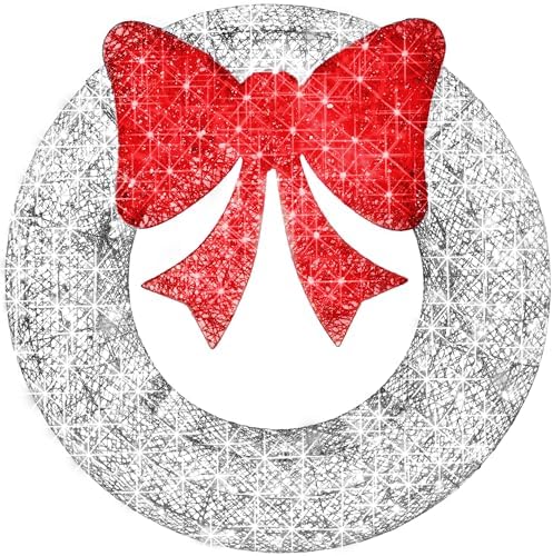 Best Choice Products 60in Pre-Lit Outdoor Christmas Wreath Decoration, LED Metal Holiday Decor for Home Exterior, Garden w/ 206 Lights, Bow - Silver/Red by BestChoiceProducts