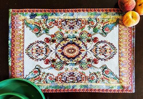 Tache Rococo Elegant Ornate Ivory Colorful Paisley Dining Cotton Linen Tapestry Woven Placemat Set of 4 - Image 2
