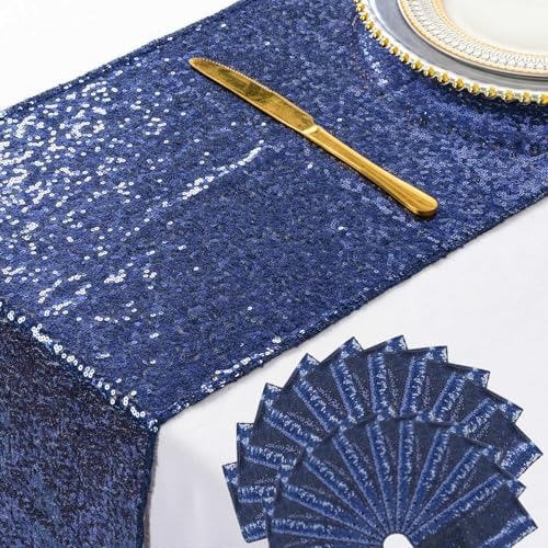 ShinyBeauty Navy Blue Table Runners 12x108” Sequin Runner for Table 20Packs by ShinyBeauty
