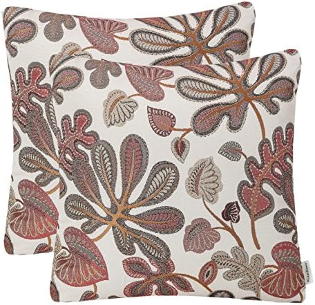 Mika Home Set of 2 Jacquard Tropical Leaf Pattern Throw Pillow Covers Decorative Pillowcase 22X22 Inches,Coral Cream by MikaHome