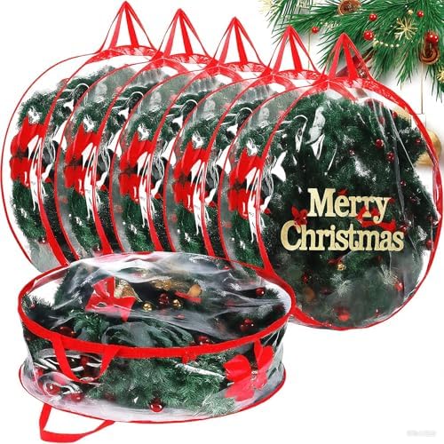 Shappy 6 Pieces Wreath Storage Bags 30 Inch Dual Zippers,Clear, Red by Shappy