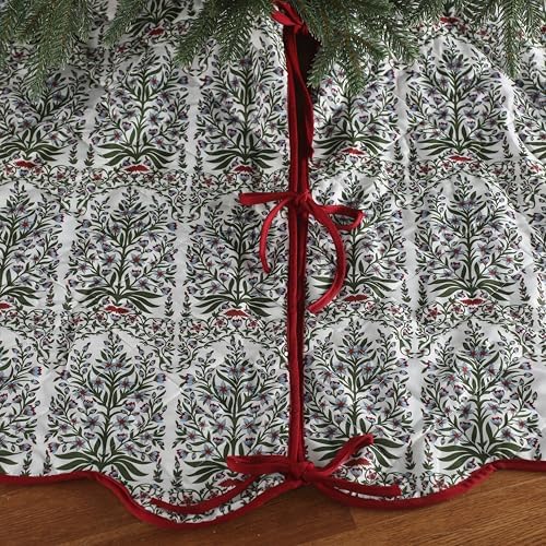 MiniInflat Quilted Christmas Tree Skirt - Vintage Floral Block Print Christmas Tree Skirt with Scalloped Edge Thicken Cotton for Home Decorations Holiday Party Gift(60 Inch,Gingham Floral,Prune Red) - Image 4