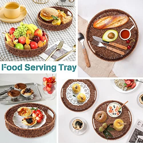 Coffee Table Tray 2 Pack Rattan Woven Basket Multifunctional Round Rattan Serving Tray with Handles, Decorative Trays for Home Decor, Kitchen Counter, Living Room - Image 4